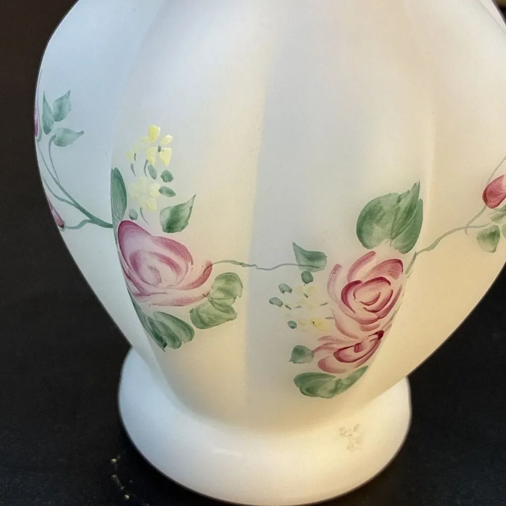 Fenton White Satin Rose Garden Melon Vase Hand Painted Ruffles Ribbed 5.5